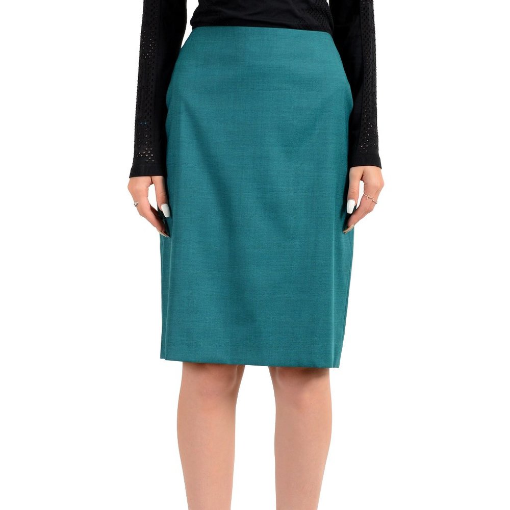 Hugo Boss Women's "Vikena" Teal Green 100% Wool Straight Pencil Skirt
